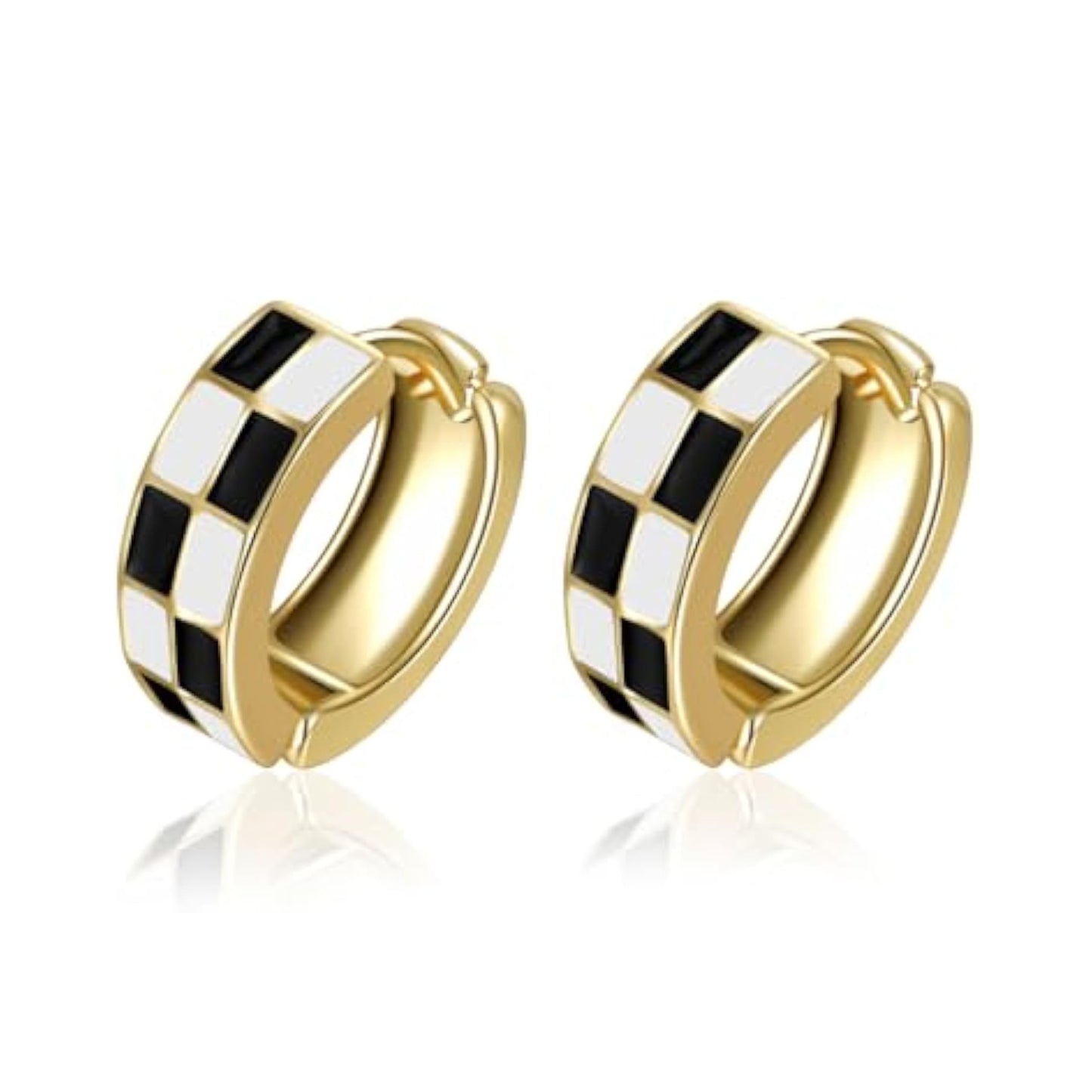 Chic Checker Small Hoop Cartilage Earrings Teacher Earrings for Women;White Black Enamel Hypoallergenic Hooped Gifts Gold and Silver tone
