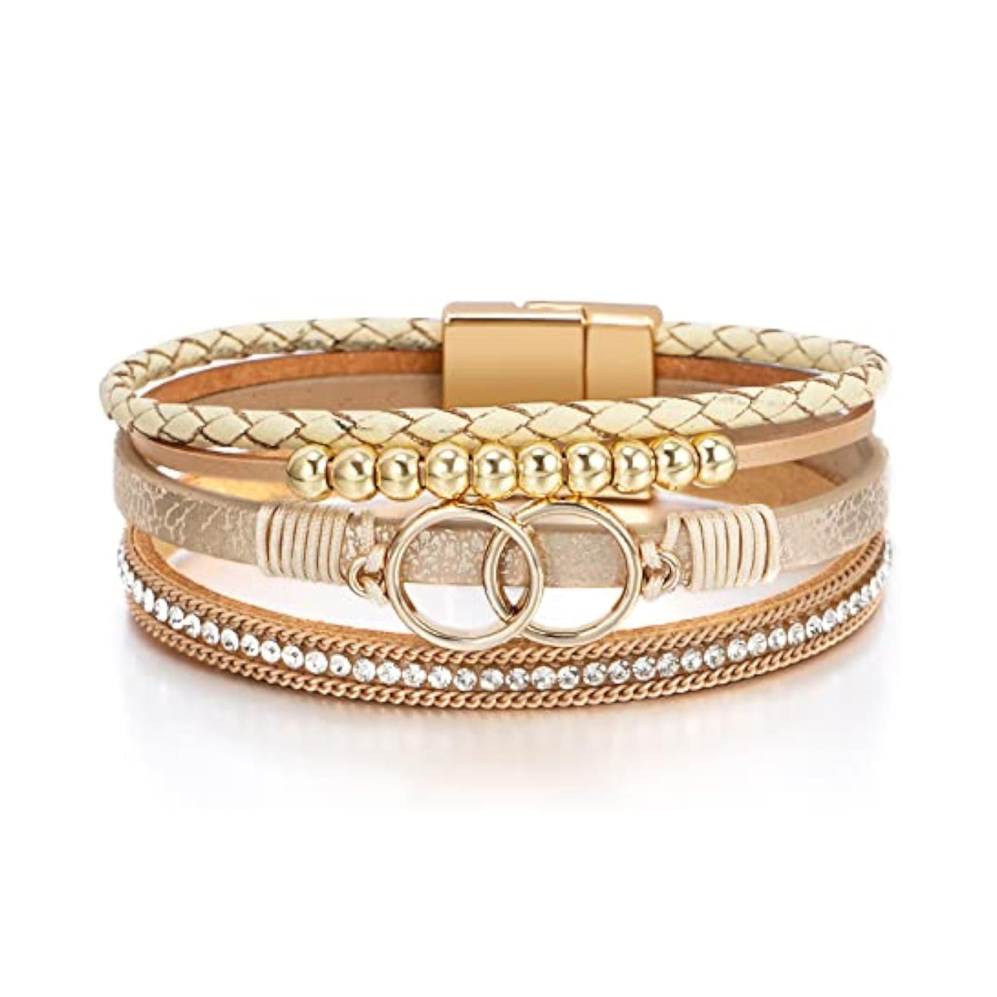 Leopard Bracelet for Women, Boho Leather Wrap Multi-Layer Pearl Crystal Bracelet Bangle Jewelry