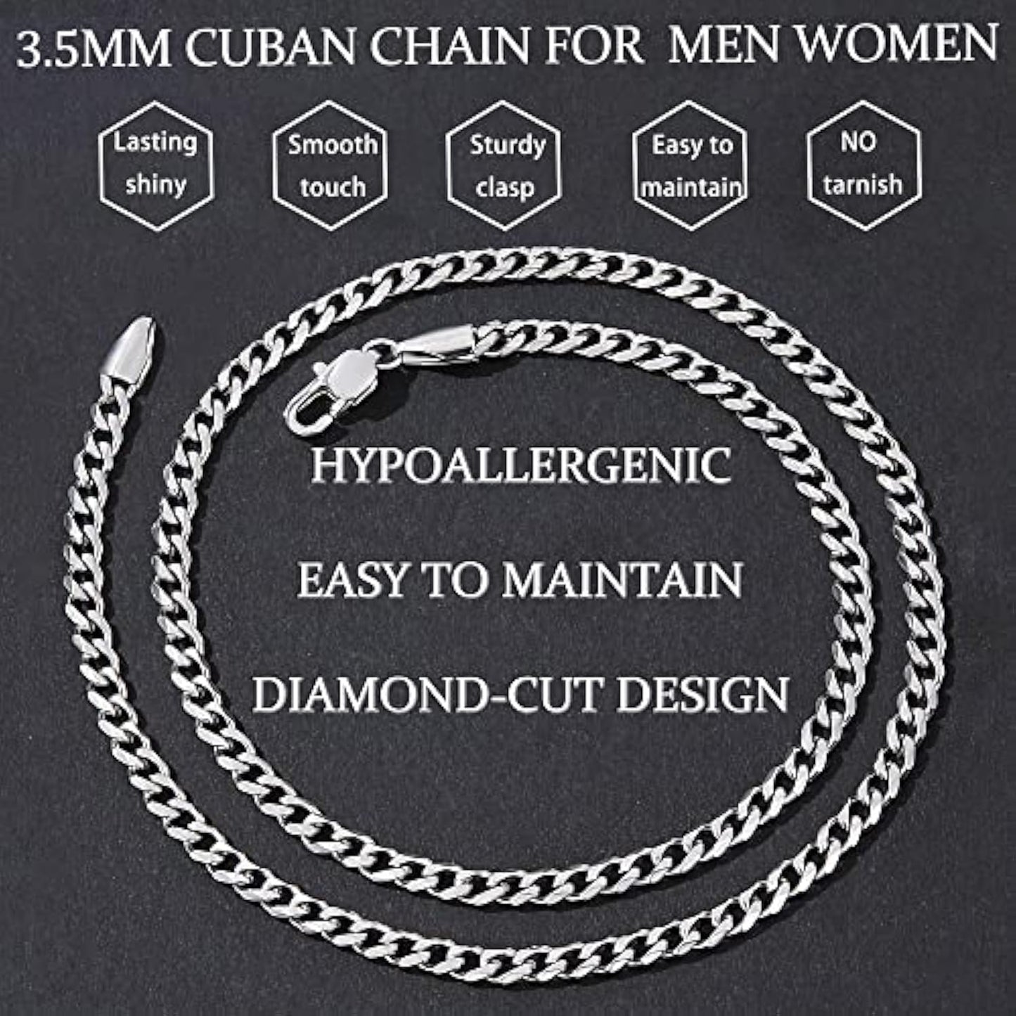 3.5mm Cuban Link Chains for Men, Silver Tone/Black/14K Gold Plated Stainless Steel Necklace Chain, Mens Necklace 16, 18, 20, 22, 24, 26, 28 Inch