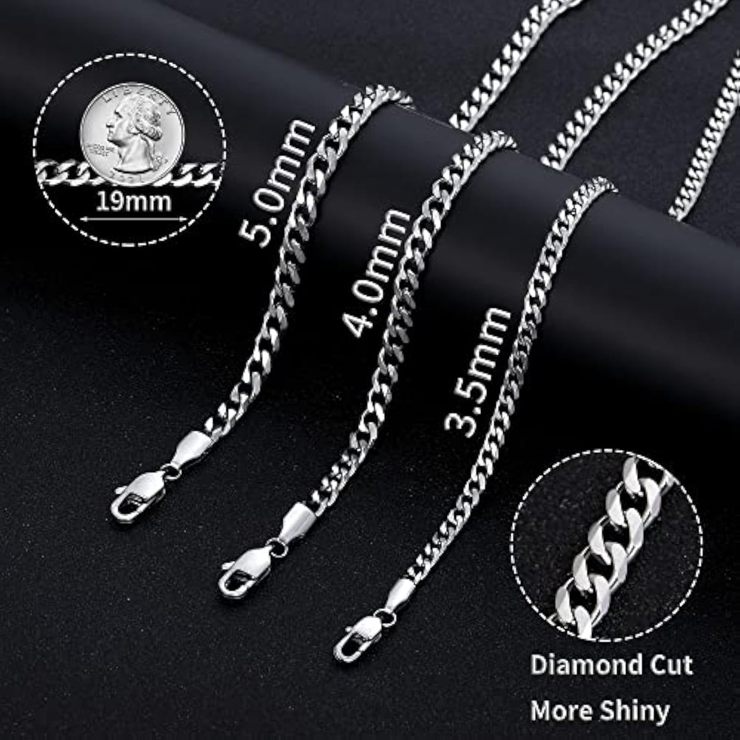 3.5mm Cuban Link Chains for Men, Silver Tone/Black/14K Gold Plated Stainless Steel Necklace Chain, Mens Necklace 16, 18, 20, 22, 24, 26, 28 Inch
