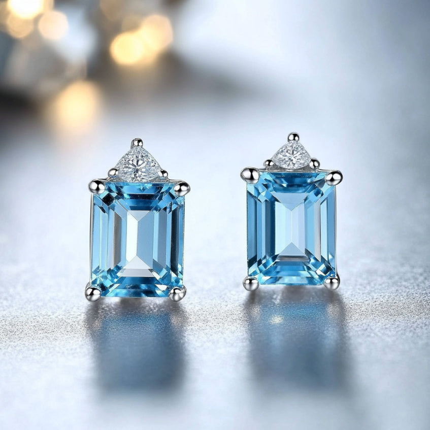 Custom Emerald-Cut Blue Topaz & Diamond Stud Earrings