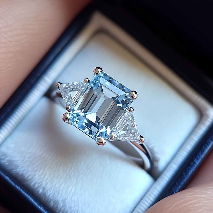 Custom Emerald-Cut Blue Topaz Three-Stone Engagement Ring