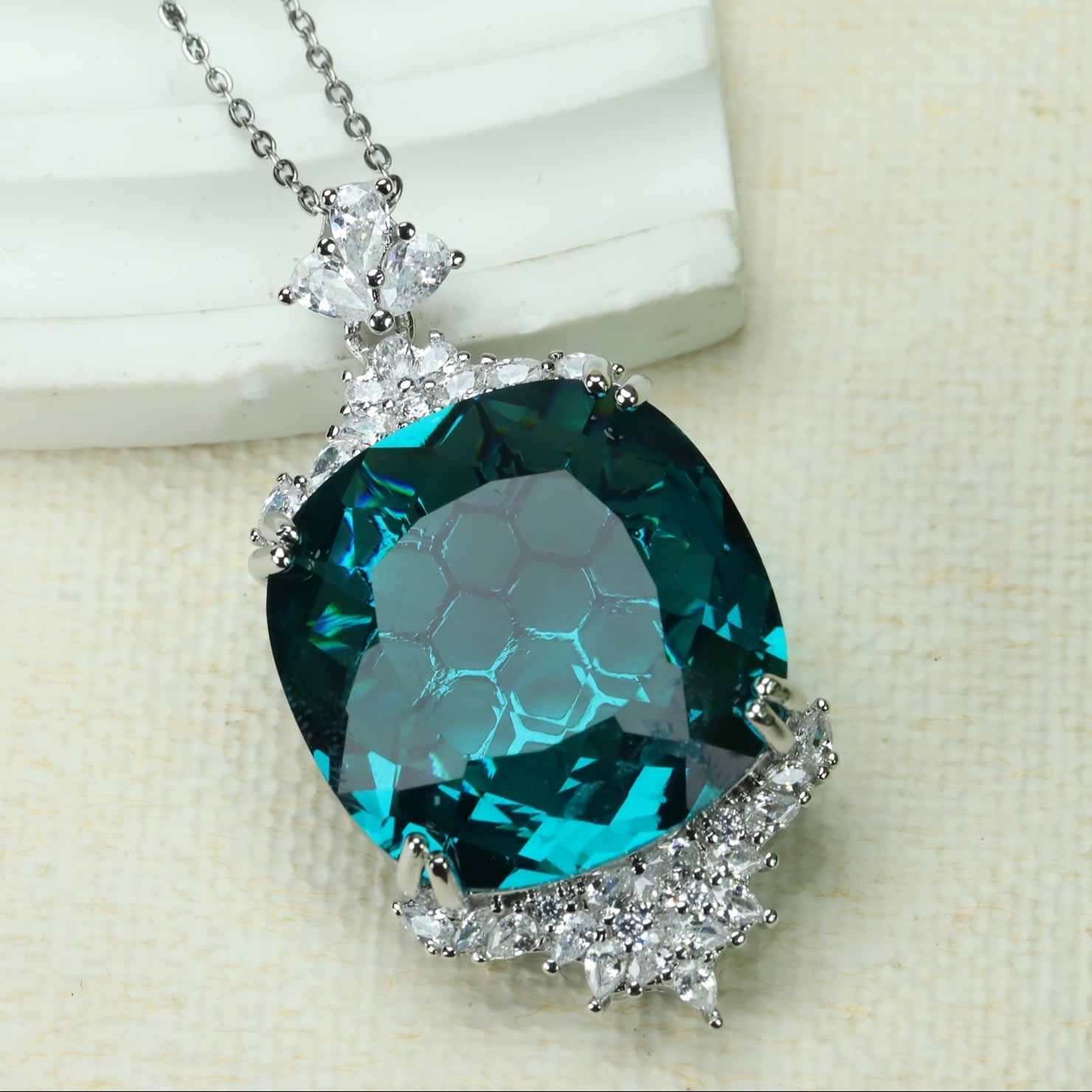Custom Cushion-Cut Paraiba Tourmaline Halo Pendant Necklace