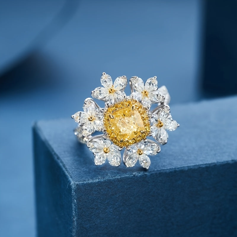 Custom Cushion-Cut Yellow Sapphire Floral Halo Statement Ring