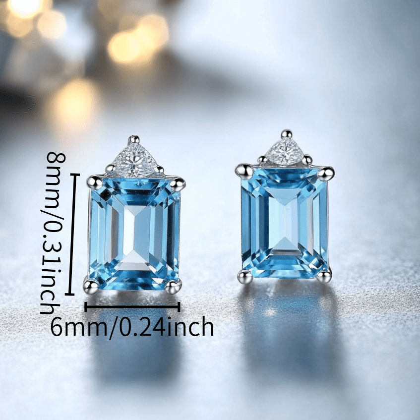 Custom Emerald-Cut Blue Topaz & Diamond Stud Earrings