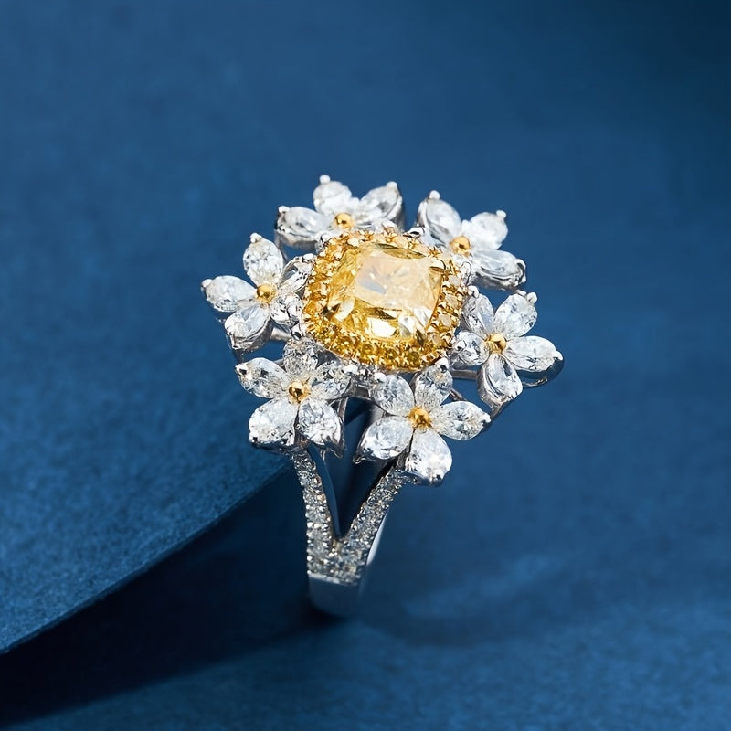 Custom Cushion-Cut Yellow Sapphire Floral Halo Statement Ring