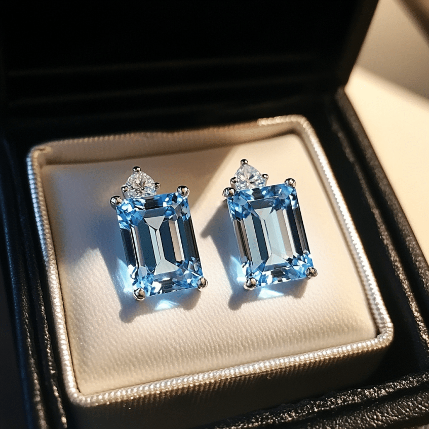 Custom Emerald-Cut Blue Topaz & Diamond Stud Earrings