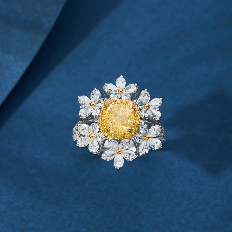 Custom Cushion-Cut Yellow Sapphire Floral Halo Statement Ring