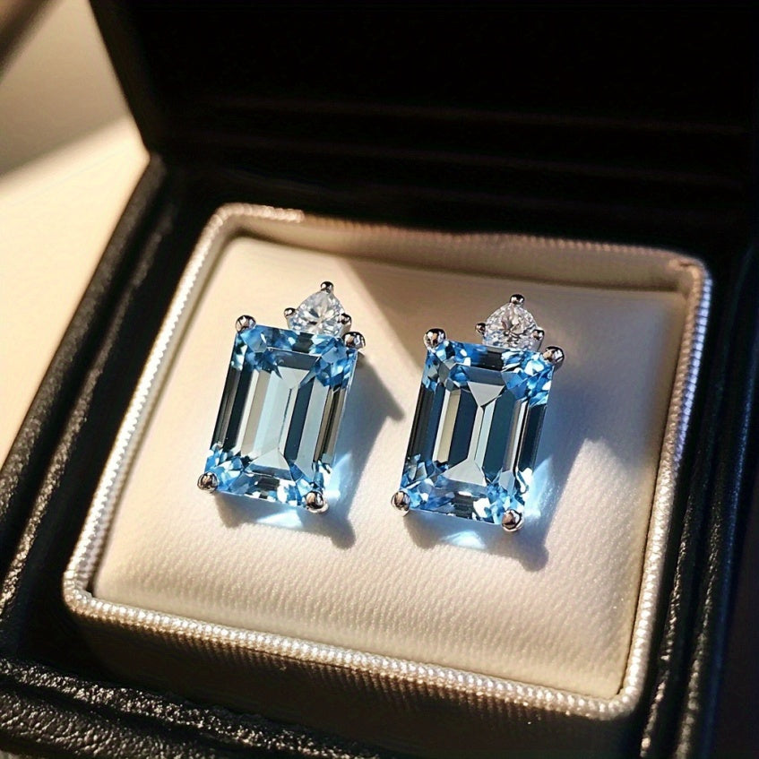 Custom Emerald-Cut Blue Topaz & Diamond Stud Earrings