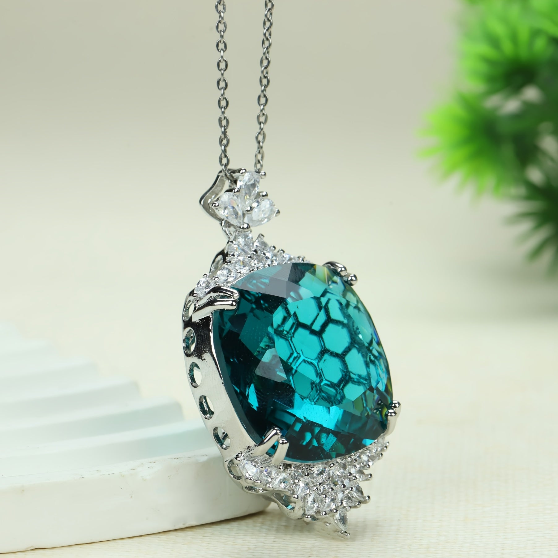 Custom Cushion-Cut Paraiba Tourmaline Halo Pendant Necklace