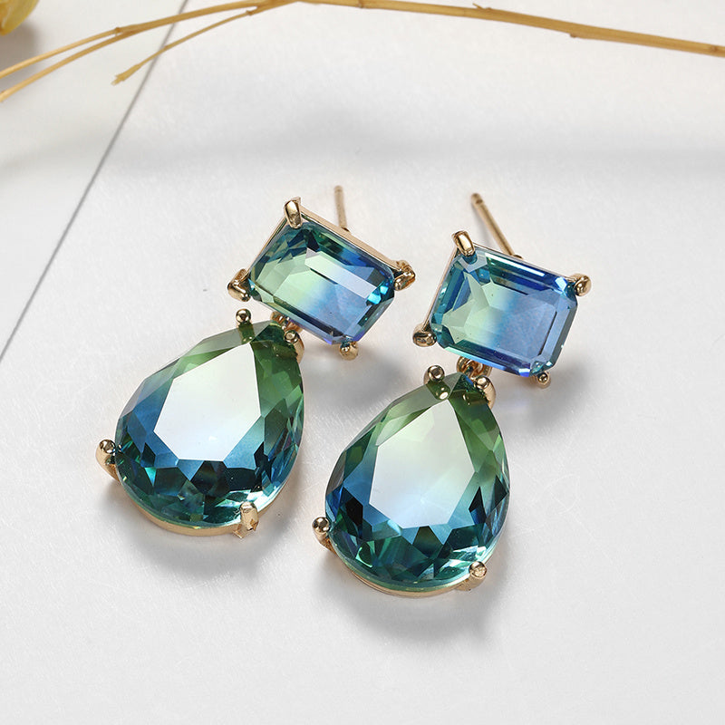 Custom Emerald & Pear-Cut Bi-Color Crystal Drop Earrings
