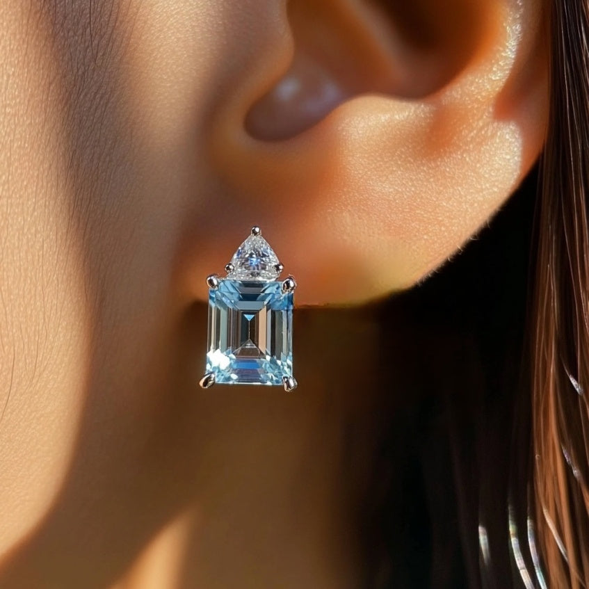 Custom Emerald-Cut Blue Topaz & Diamond Stud Earrings