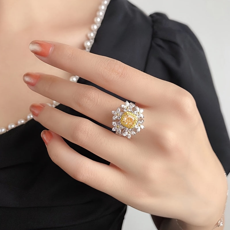Custom Cushion-Cut Yellow Sapphire Floral Halo Statement Ring