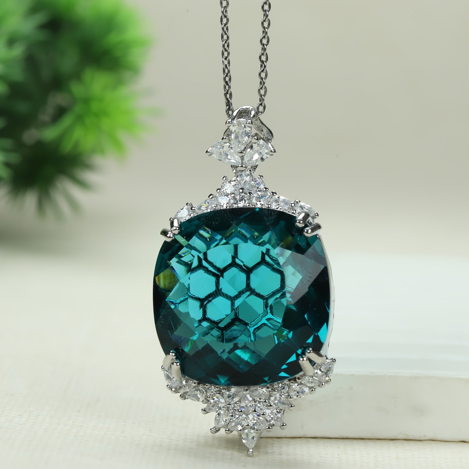 Custom Cushion-Cut Paraiba Tourmaline Halo Pendant Necklace