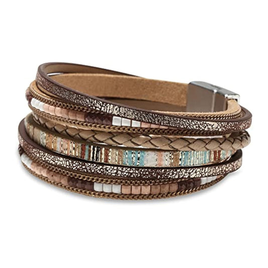Leather Wrap Bracelets for Women, Boho Leopard Multi-Layer Crystal Beads Cuff Bracelet Jewelry