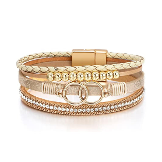 Leopard Bracelet for Women, Boho Leather Wrap Multi-Layer Pearl Crystal Bracelet Bangle Jewelry