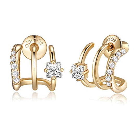 14K Gold Plated Triple Huggie Illusion Stud Earrings | Double Huggie Hoop Earrings for One Hole | Gold Hoop Earrings for Women | Drop earrings