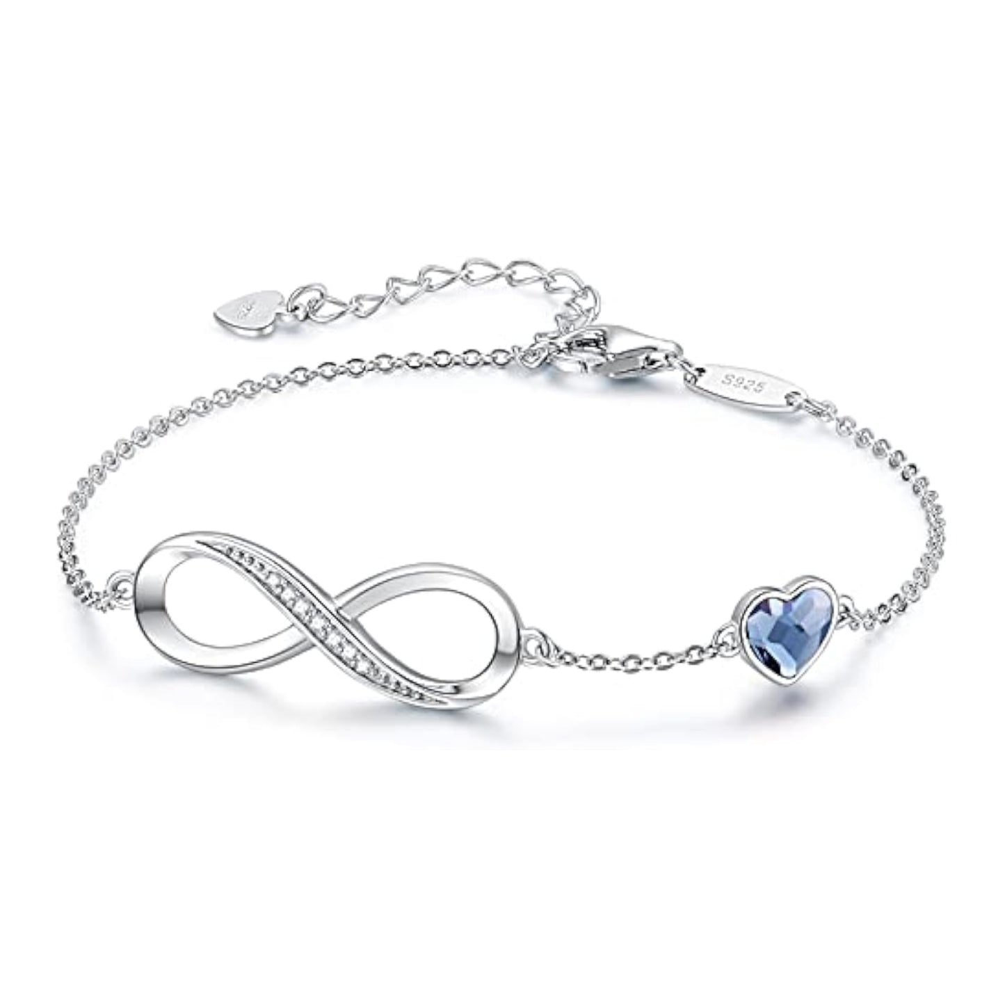 Infinity Heart Birthstone Charm Link Bracelet for Women 925 Sterling Silver Adjustable Mother's Day Gift Anniversary Birthday Jewelry for Wife Girlfriend Her