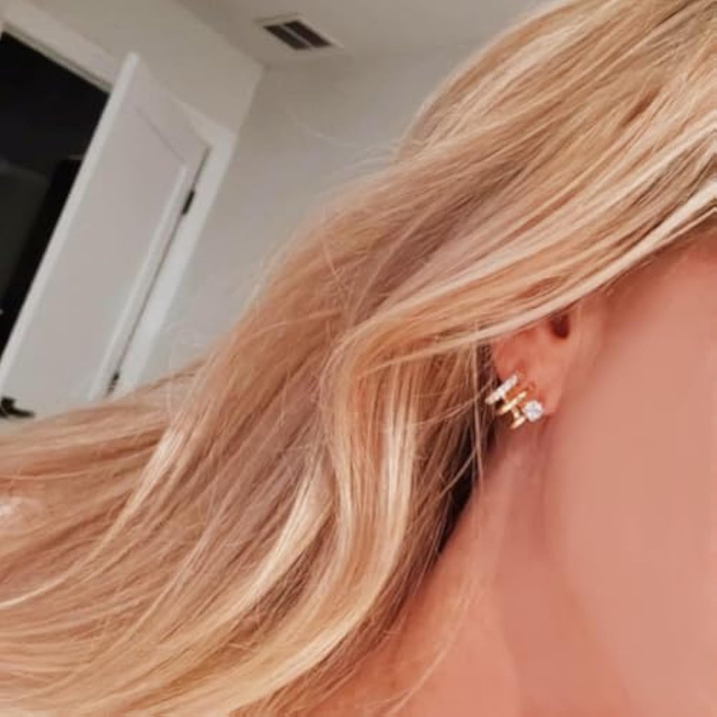 14K Gold Plated Triple Huggie Illusion Stud Earrings | Double Huggie Hoop Earrings for One Hole | Gold Hoop Earrings for Women | Drop earrings