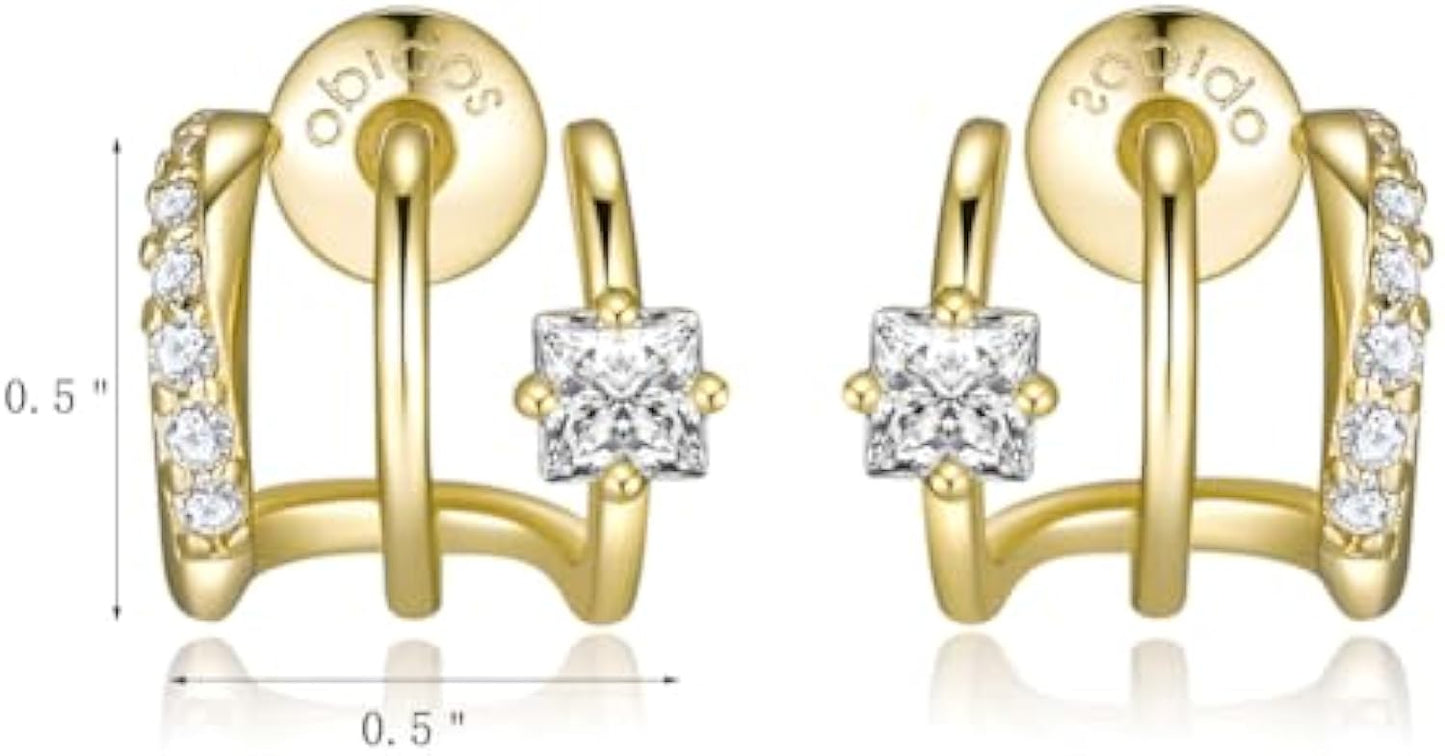 14K Gold Plated Triple Huggie Illusion Stud Earrings | Double Huggie Hoop Earrings for One Hole | Gold Hoop Earrings for Women | Drop earrings